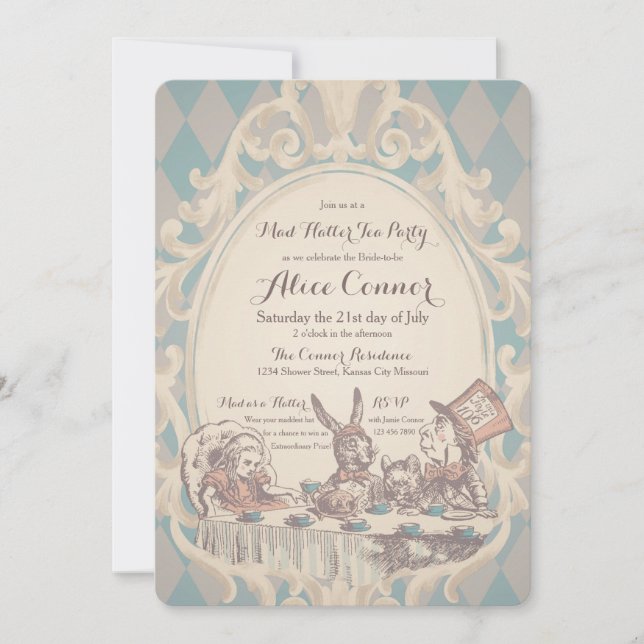 Mad Hatter Tea Party Bridal Shower Invitations (Front)