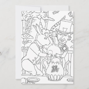 Mad hatter white rabbit door mouse colouring page invitation