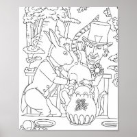 Mad hatter white rabbit door mouse colouring page