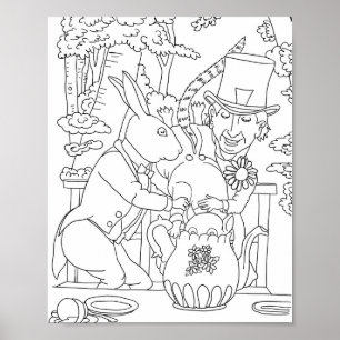 Mad hatter white rabbit door mouse colouring page poster