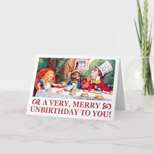 MAD HATTER WISHES ALICE A VERY MERRY UNBIRTHDAY! HOLIDAY CARD (Front)