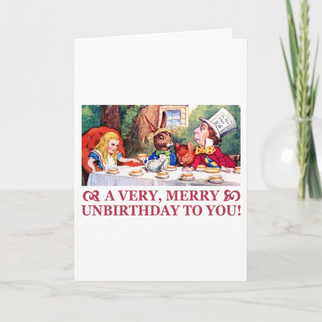 MAD HATTER WISHES ALICE A VERY MERRY UNBIRTHDAY! HOLIDAY CARD (Front)