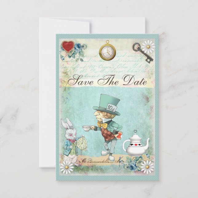 Mad Hatter Wonderland Wedding Save The Date (Front)