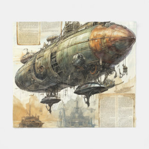 Mad Inventor Steampunk Airship Blueprint Fleece Blanket