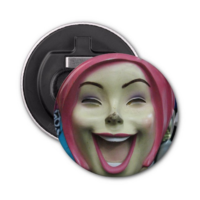 Mad Laughing Mannequin ~ Uncanny Valley Girl Bottle Opener (Front)