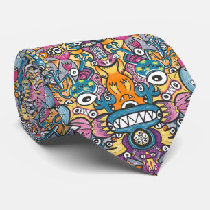 Mad monsters and robots in a crazy crowded pattern tie
