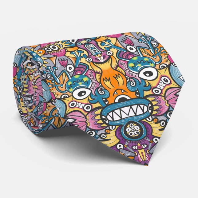Mad monsters and robots in a crazy crowded pattern tie (Rolled)