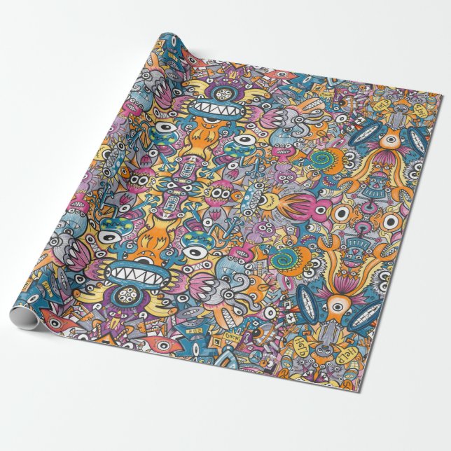 Mad monsters and robots in a crazy crowded pattern wrapping paper (Unrolled)
