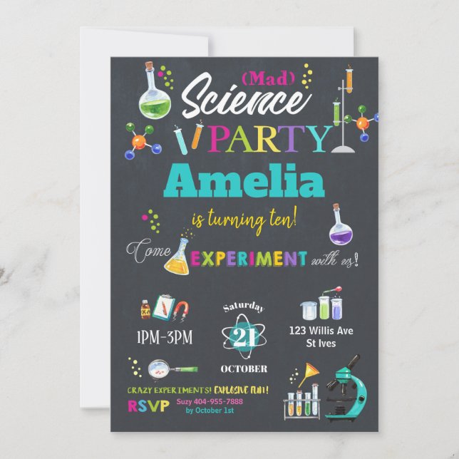 Mad Science Party Birthday Invitation Girl (Front)