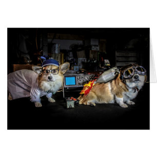 Mad Scientist and Rocketeer corgi blank card