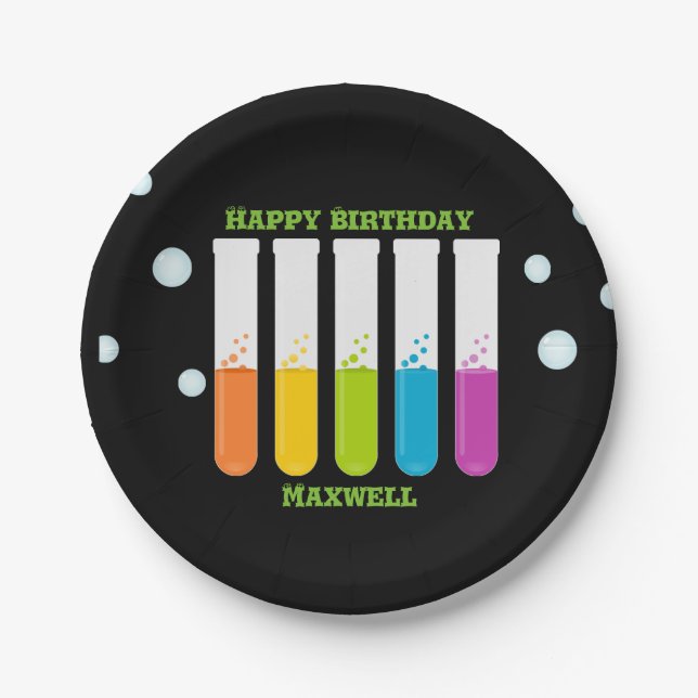 Mad Scientist Colourful Test Tubes Birthday Paper Plate (Front)