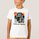 Mad Scientist Customised T-shirt<br><div class="desc">Our Mad Scientist easy to customise Tshirts are perfect for your mad scientist theme birthday party but canbe worn any time throughout the year! Great for Halloween,  for kids who love science and experiments,  and of course for those mad scientist parties which we have matching invitations for!</div>