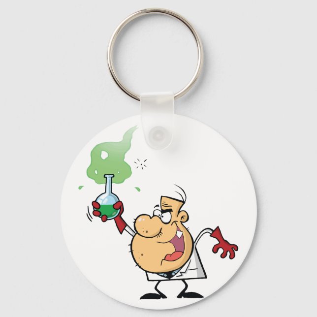 Mad Scientist Holding Bubbling Flask Science Key Ring (Front)
