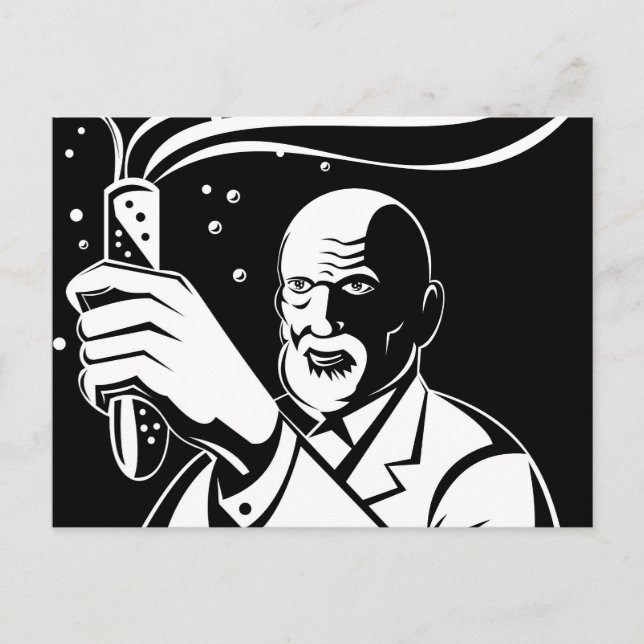 mad scientist holding up test tube postcard (Front)