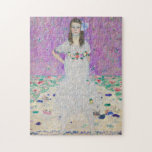 Mada Primavesi by Gustav Klimt Jigsaw Puzzle<br><div class="desc">Famous Mada Primavesi portrait by Gustav Klimt. This painting features a girl in a white dress with flowers in front of a purple background. Lovely colours on this artwork.</div>