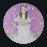 Mada Primavesi Gustav Klimt Purple Girl Portrait Large Clock<br><div class="desc">Famous Mada Primavesi portrait by Gustav Klimt. This painting features a brunette girl in a pretty white dress with flowers in front of a purple background. Lovely colours on this vintage artwork of a woman.</div>