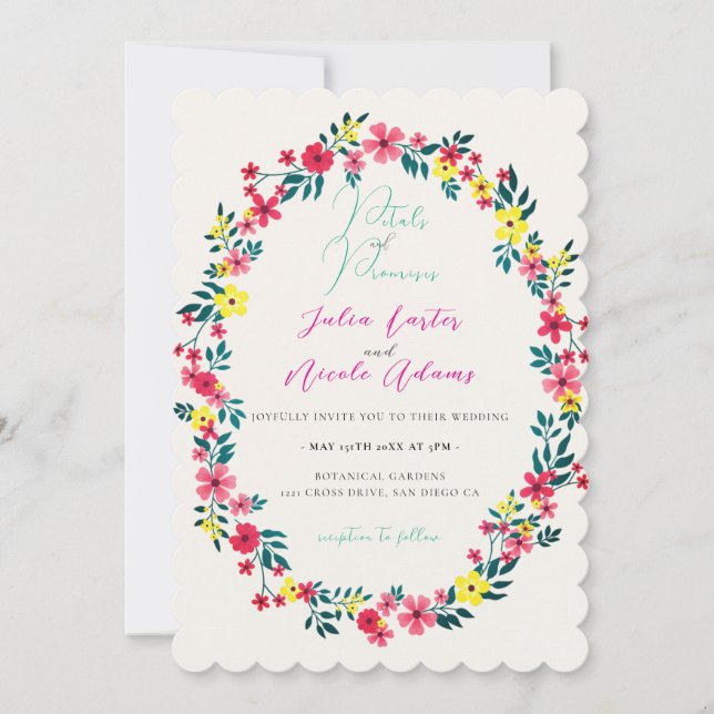 Madagascar Pink Periwinkle Flowers Wreath Wedding Invitation (Front)