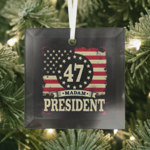 Madam President American flag 47 harris Walz Glass Tree Decoration