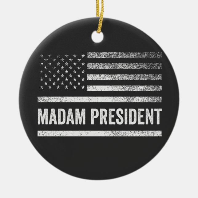 Madam President Harris Walz American Flag Election Ceramic Ornament (Front)