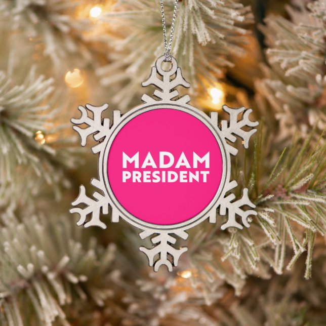 Madam President modern typography white hot pink Snowflake Pewter Christmas Ornament (Tree)