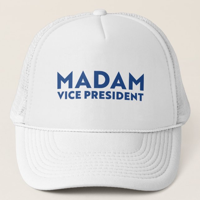 Madam Vice President white blue modern typography  Trucker Hat (Front)