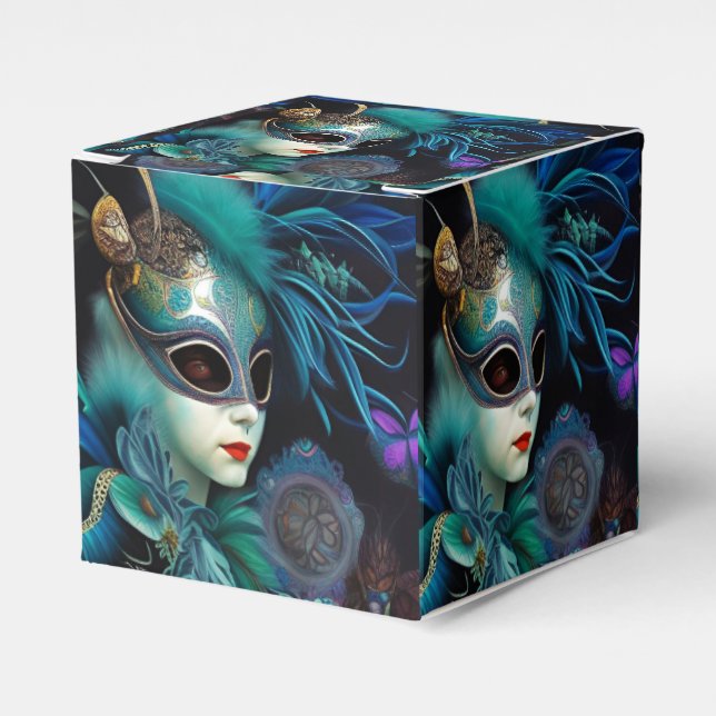 Madame Masquerade Teal Cube Favour Box (Front Side)