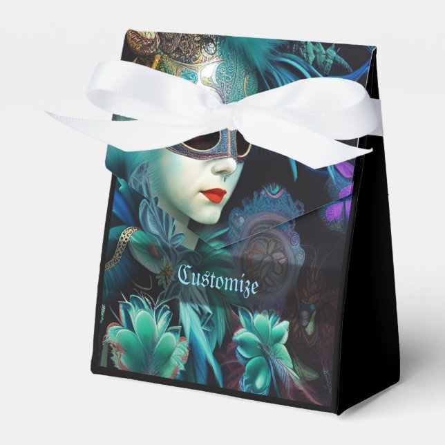 Madame Masquerade Teal Tent Favour Box (Front Side)