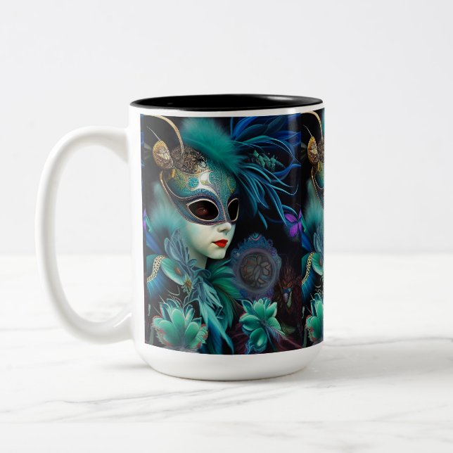 Madame Masquerade Teal Two-Tone Coffee Mug (Left)