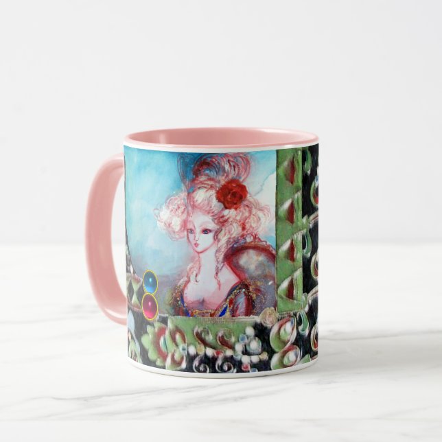 MADAME POMPADOUR ,BLACK GREEN BLUE PINK GEMSTONES MUG (Front Left)