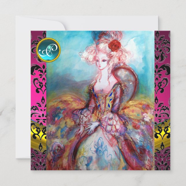 MADAME POMPADOUR,PINK BLACK DAMASK FLOWER MONOGRAM INVITATION (Front)