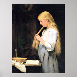 Mädchen die Haare flechtend Girl Braiding her Hair Poster