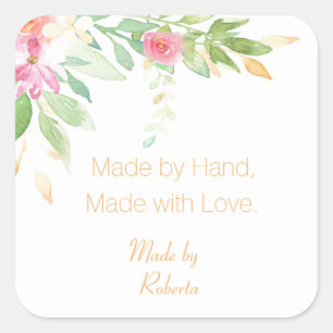 Made by Hand Label with a Watercolor Garden Flower