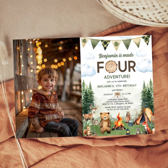Made Four Adventure Camping 4th Birthday Photo Invitation (Made Four Adventure Camping 4th Birthday Photo Invitation)