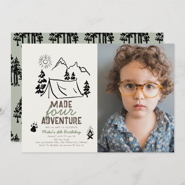 Made Four Adventure Camping Photo Boy 4th Birthday Invitation (Front/Back)