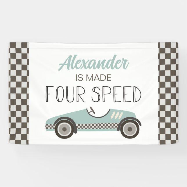 Made FOUR Speed Blue Race Car 4th Birthday Banner (Horizontal)
