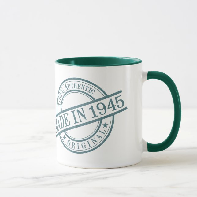 Made in 1945 Birth Year Green Round Rubber Stamp Mug (Right)
