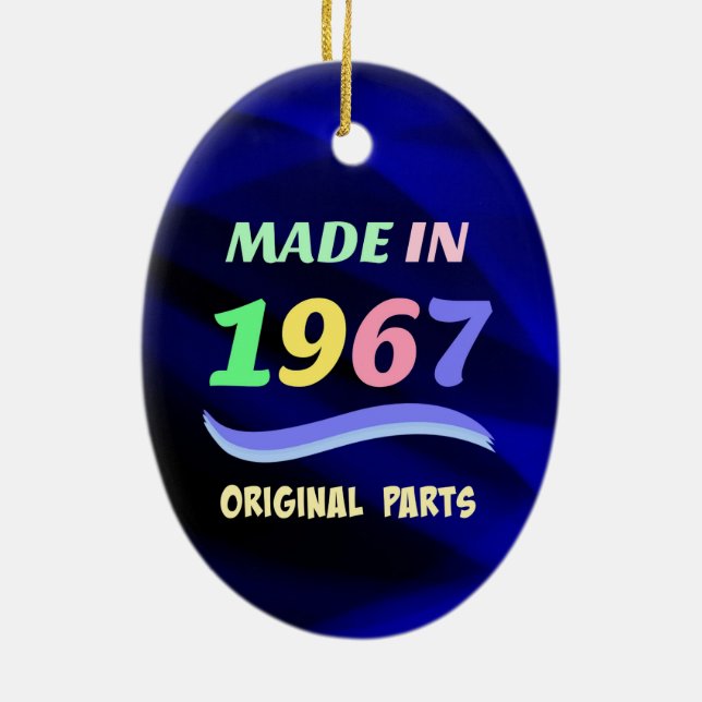 Made in 1967, colourful text design ceramic ornament (Back)