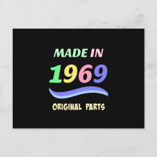 Made in 1969, colourful text design postcard