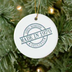 Made in 1970 Circular Rubber Stamp Style Logo Ceramic Ornament