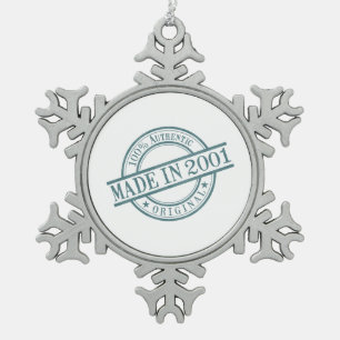 Made in 2001 Birth Year Round Rubber Stamp Logo Snowflake Pewter Christmas Ornament