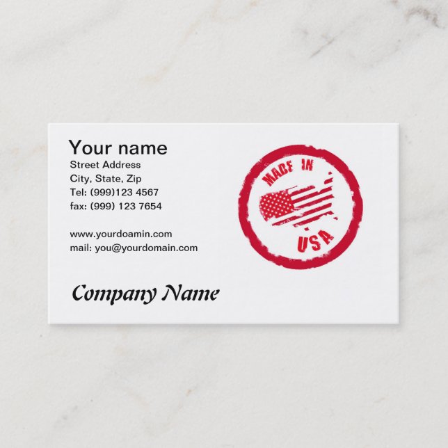 Made in USA rubber stamp design business card (Front)