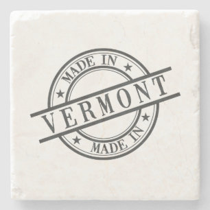 Made in Vermont Round Rubber Stamp Logo Black Stone Coaster