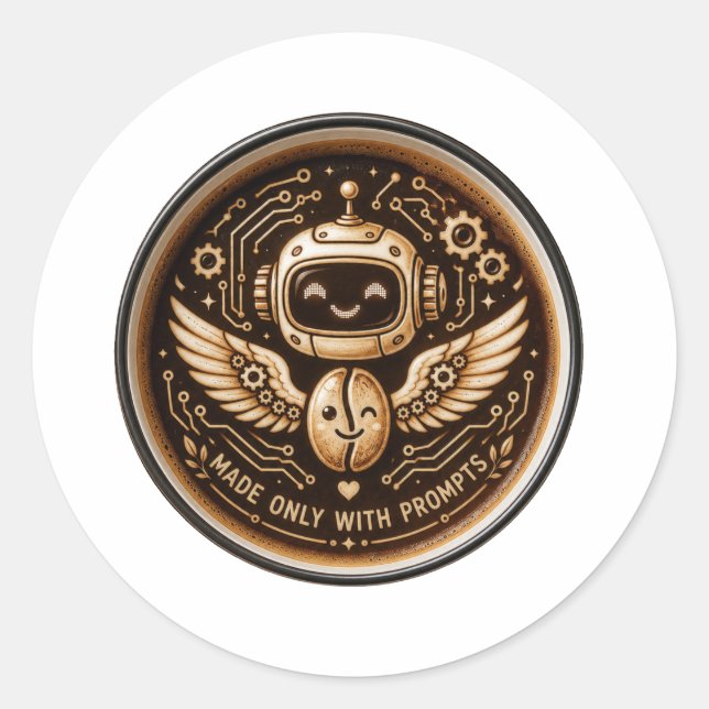 Made Only With Prompts Funny AI Coffee Robot Classic Round Sticker (Front)