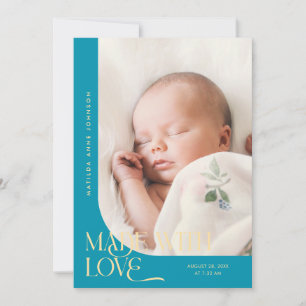 Made With Love Aqua Blue Photo Birth Announcement