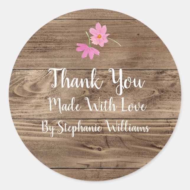 Made with Love | Barn Wood & Pink Floral Thank You Classic Round Sticker (Front)