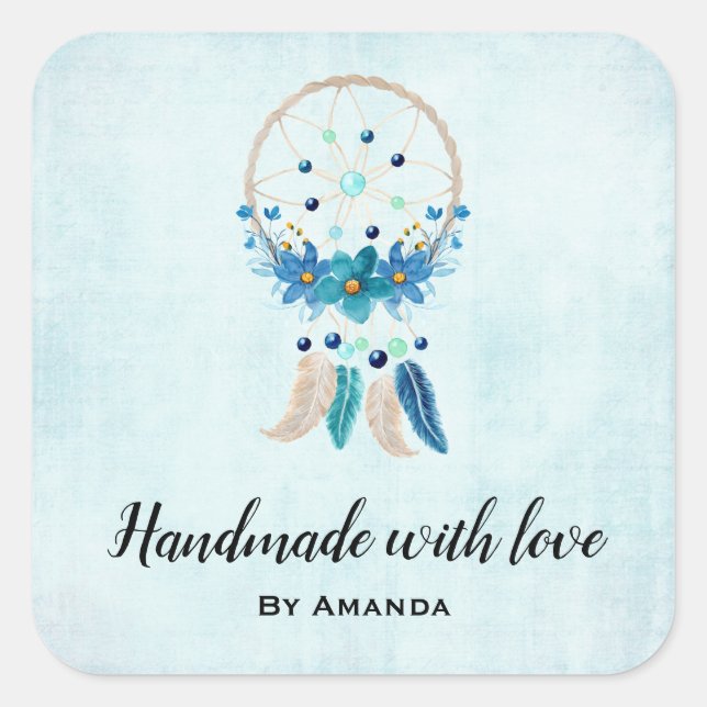 Made with Love Blue Dreamcatcher Stylish Boho Square Sticker (Front)
