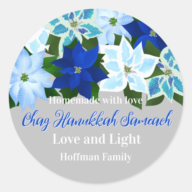 Made with Love - Blue Poinsettias Hanukkah Classic Round Sticker (Front)