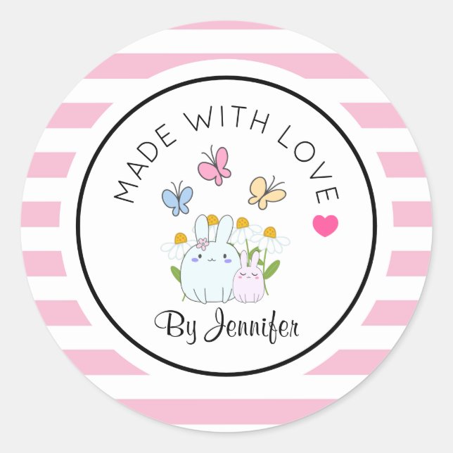 Made with Love Bunnies Flowers & Butterflies Classic Round Sticker (Front)