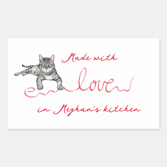 Made With Love Cat with Ribbon Rectangular Sticker (Front)