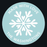 Made with Love Christmas Snowflake Sticker<br><div class="desc">A simple blue and white snowflake sticker with the greeting,  Made with love.  Personalise it with your family name. Fun for your homemade or handmade Christmas neighbour treats and gifts. Designed for you by Blackberry Boulevard.</div>